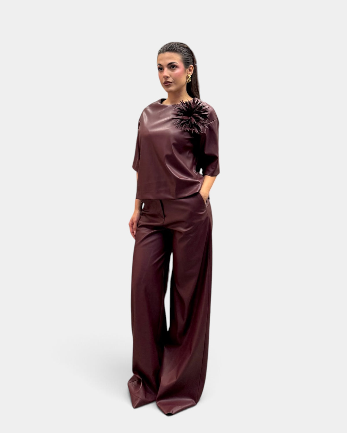 Dramée - Pantalone Largo in Ecopelle Bordeaux
