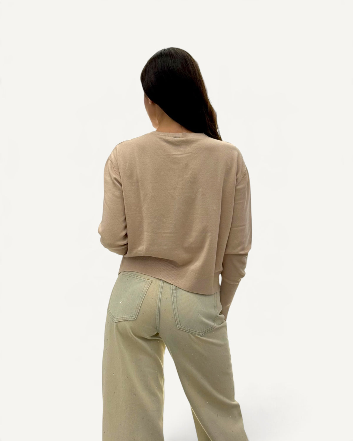 Koralline - Cardigan Beige Girocollo con Perle e Strass