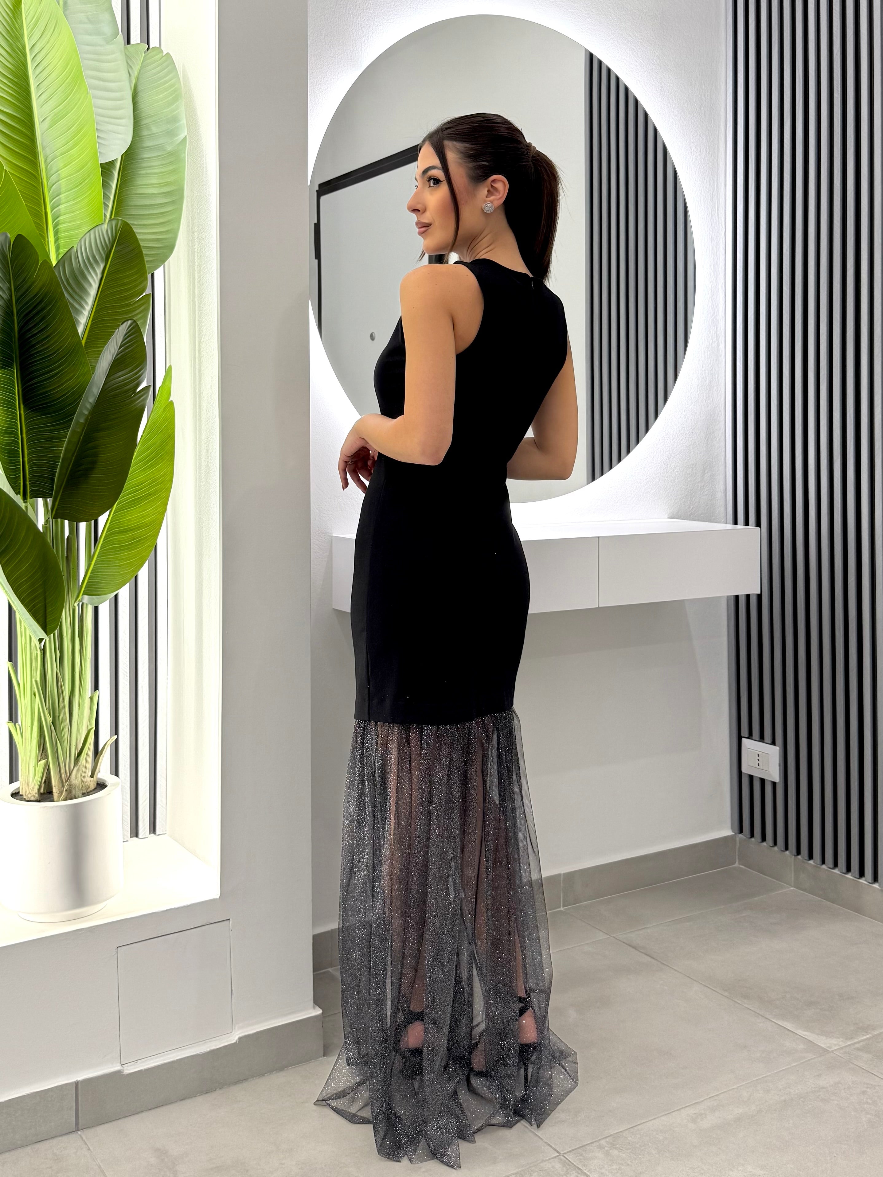 D'Elle Giulia Mastini - Abito Lungo Tulle Laminato Nero