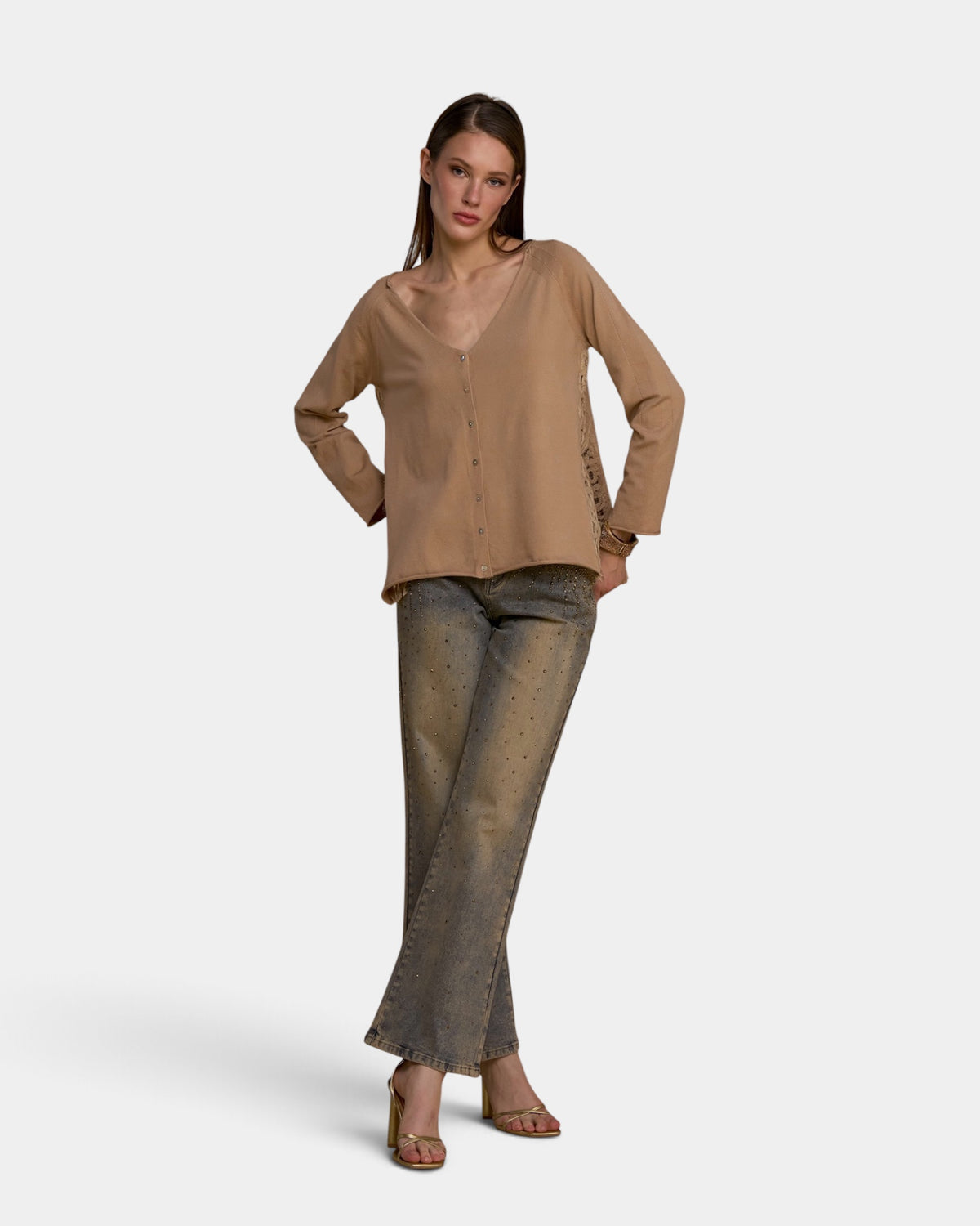 No Secrets - Cardigan Spacchi Laterali e Pizzo Nocciola