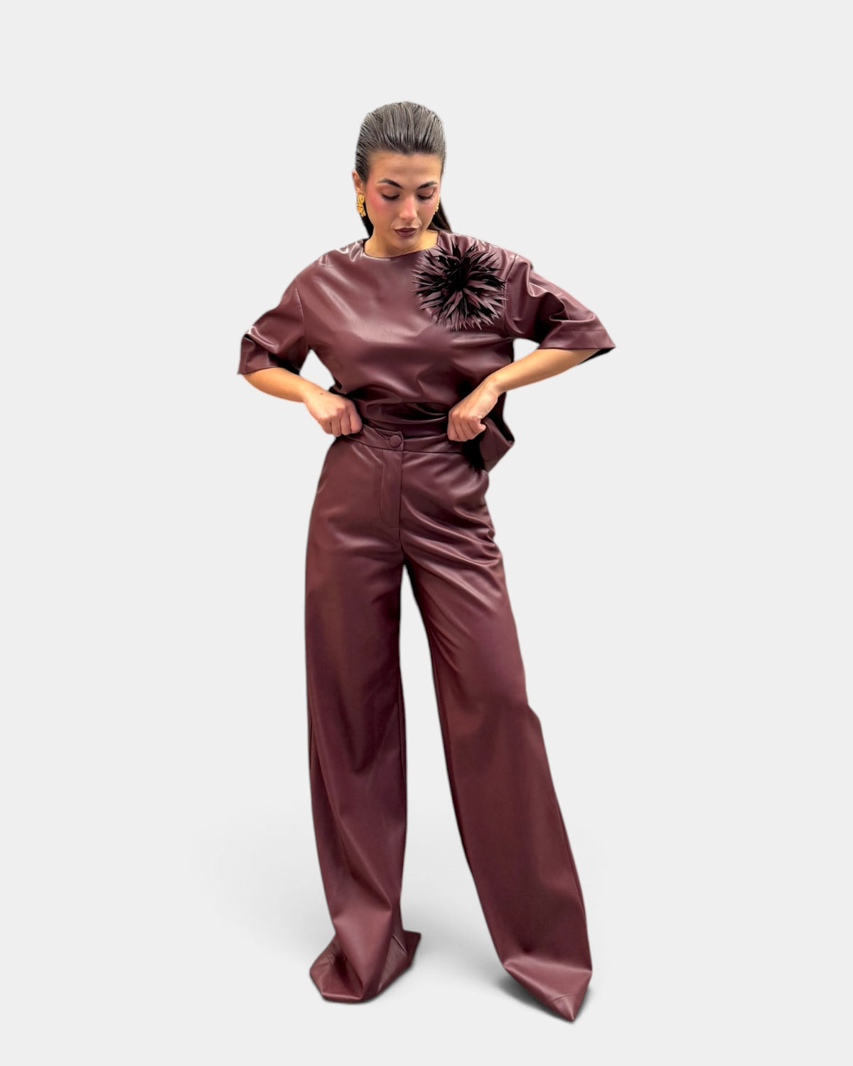 Dramée - Pantalone Largo in Ecopelle Bordeaux