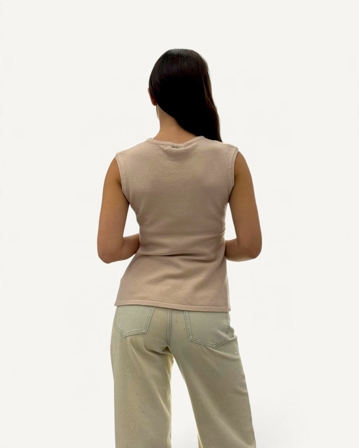 Koralline - Top Beige Girocollo con Perle e Strass
