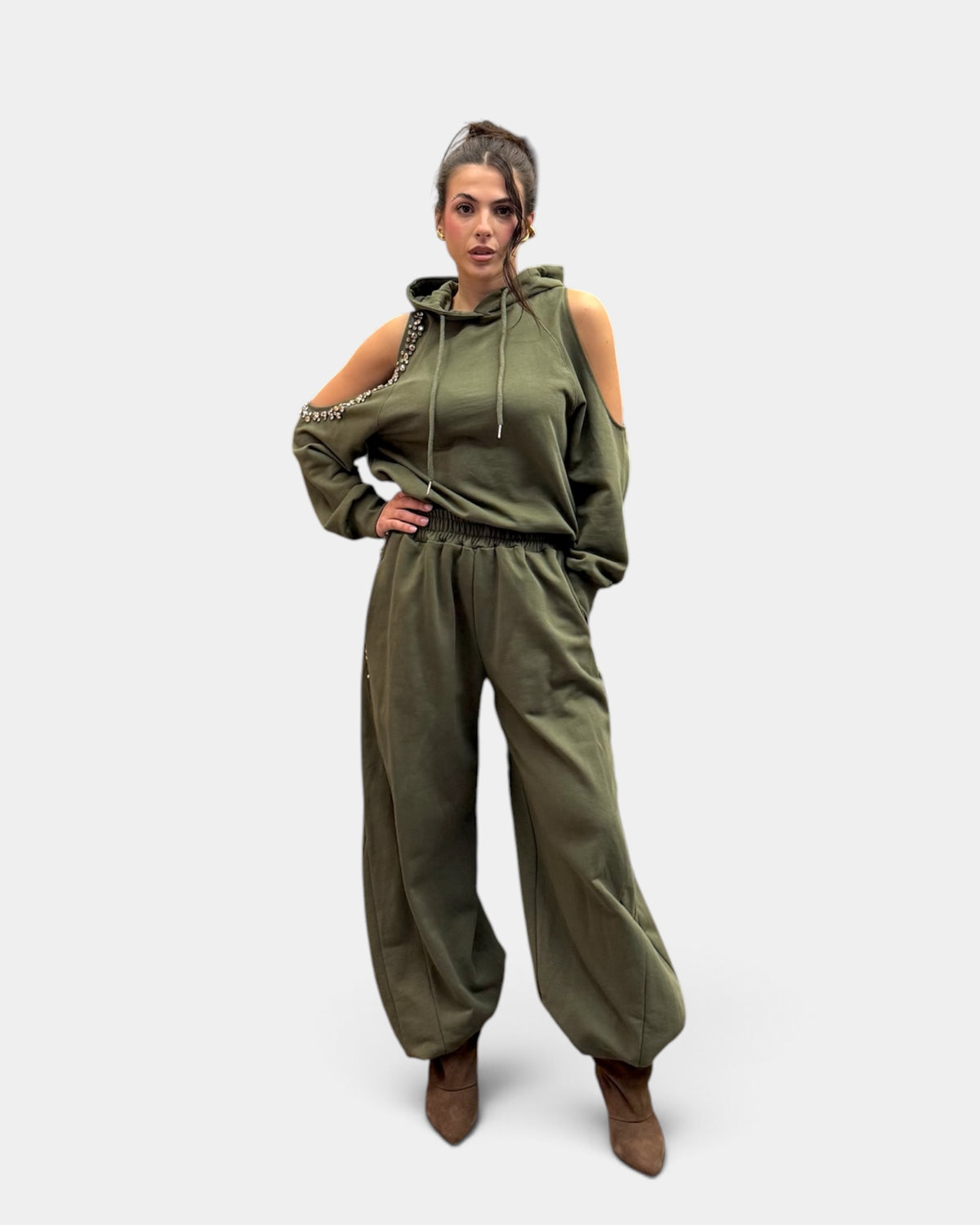 D'Elle - Giulia Mastini - Pantalone Felpa Strass Verde