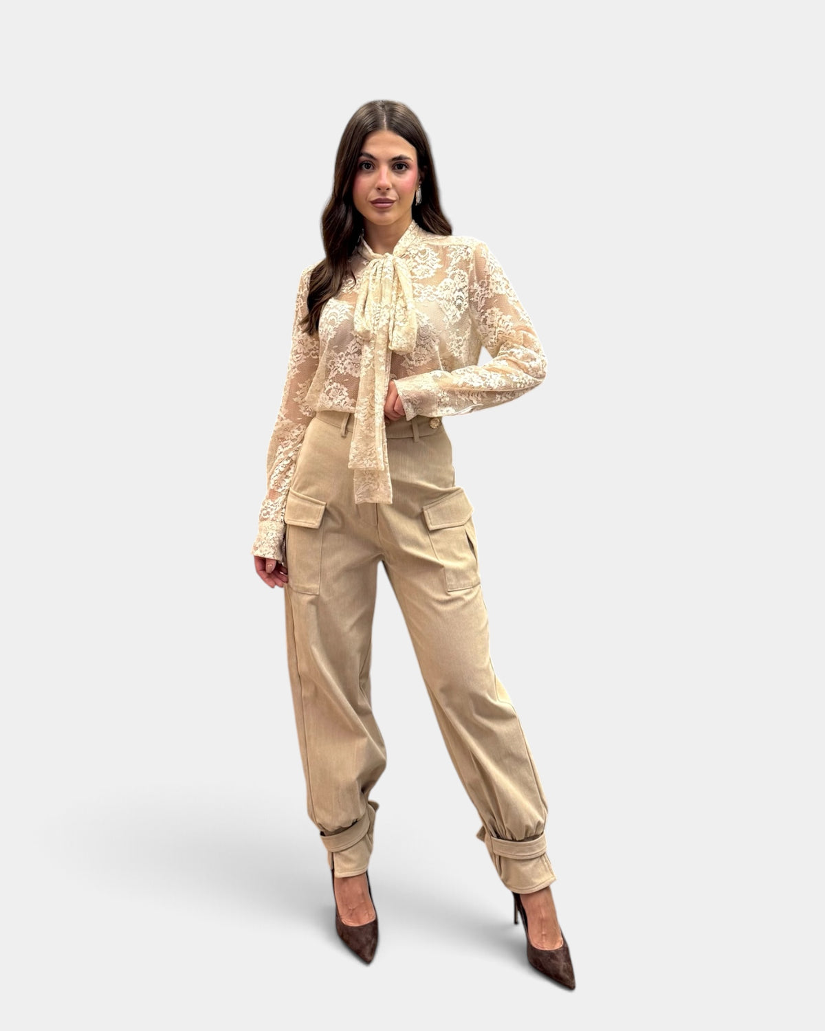 Koralline - Pantalone Cargo in Velluto con Tasconi Beige